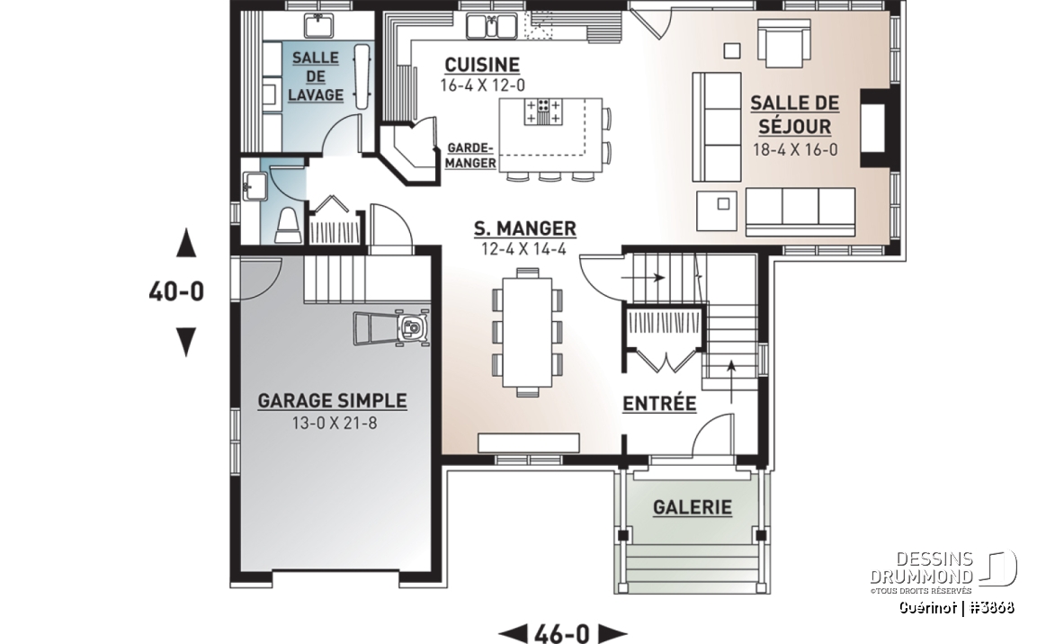 Rez-de-chaussée - Plan de maison style Cape Cod, 4 chambres, grand salon avec foyer, cuisine avec îlot, grande buanderie, garage - Guérinot