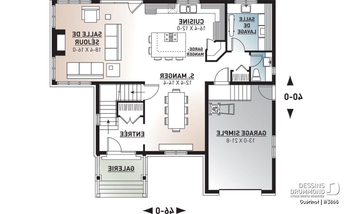 Rez-de-chaussée - Plan de maison style Cape Cod, 4 chambres, grand salon avec foyer, cuisine avec îlot, grande buanderie, garage - Guérinot