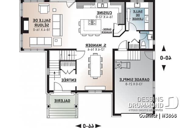 Rez-de-chaussée - Plan de maison style Cape Cod, 4 chambres, grand salon avec foyer, cuisine avec îlot, grande buanderie, garage - Guérinot