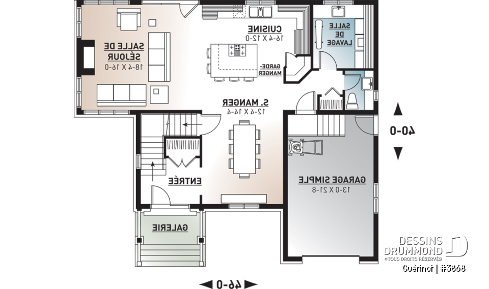 Rez-de-chaussée - Plan de maison style Cape Cod, 4 chambres, grand salon avec foyer, cuisine avec îlot, grande buanderie, garage - Guérinot