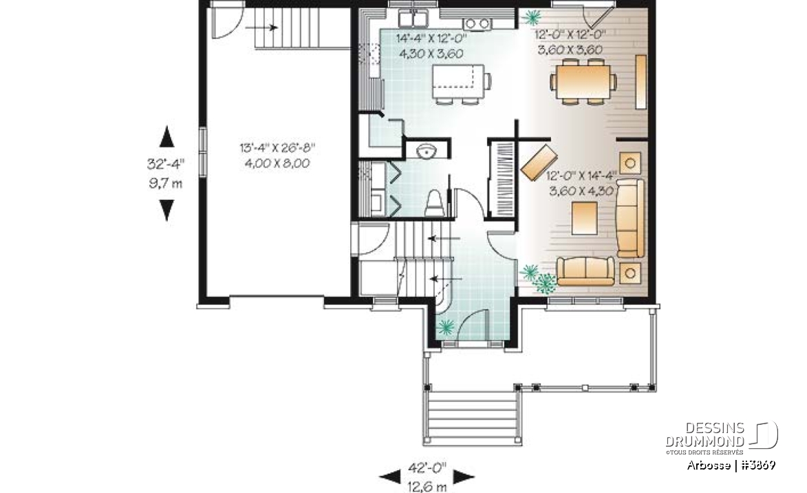Rez-de-chaussée - Plan de maison offrant garage, 3 chambres, coin lecture - Arbosse