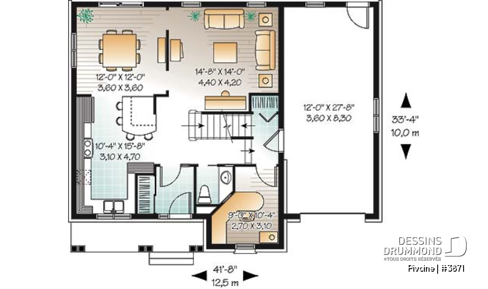 Rez-de-chaussée - Plan de cottage, chambres secondaires communicantes, cuisine avec grand îlot, sous-sol à aménager - Pivoine