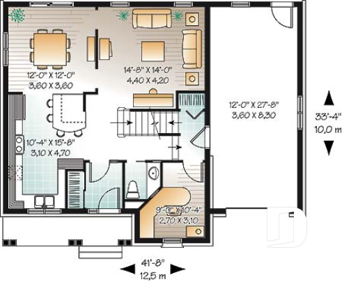 Rez-de-chaussée - Plan de cottage, chambres secondaires communicantes, cuisine avec grand îlot, sous-sol à aménager - Pivoine