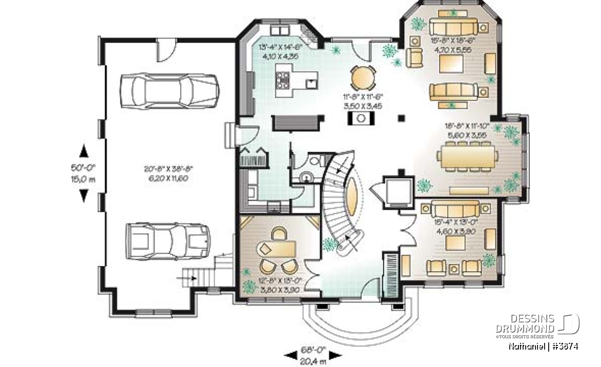 Rez-de-chaussée - Plan de maison de luxe avec ascenseur, garage triple, bureau, 2 salons, foyer, 4 chambres et espace boni  - Nathaniel