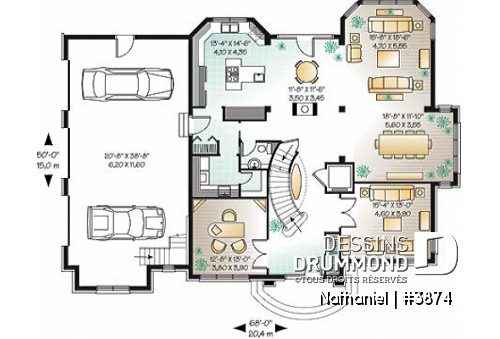 Rez-de-chaussée - Plan de maison de luxe avec ascenseur, garage triple, bureau, 2 salons, foyer, 4 chambres et espace boni  - Nathaniel