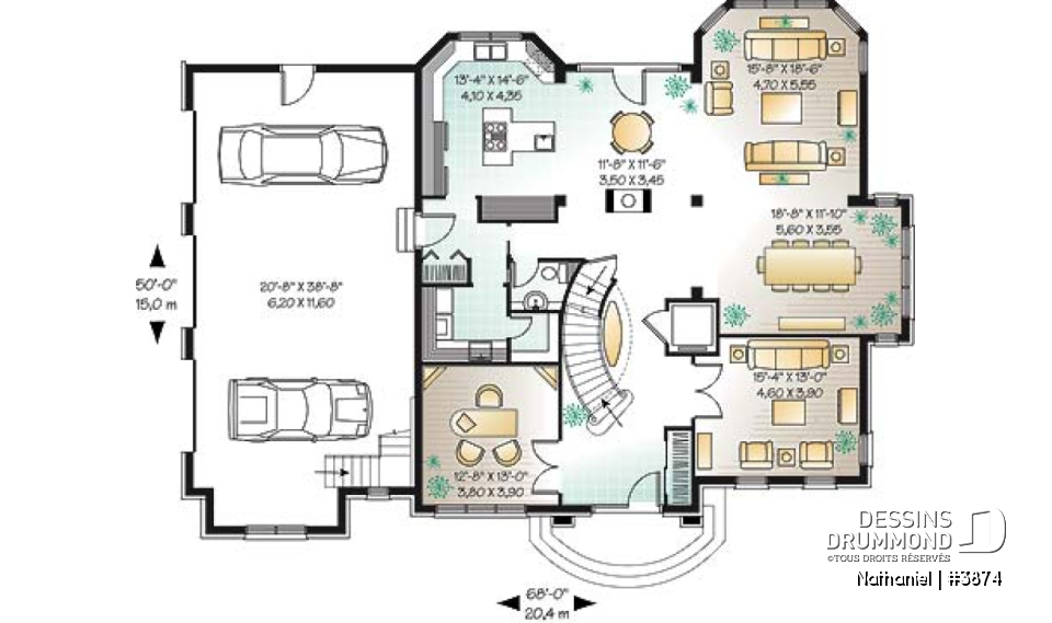 Rez-de-chaussée - Plan de maison de luxe avec ascenseur, garage triple, bureau, 2 salons, foyer, 4 chambres et espace boni  - Nathaniel