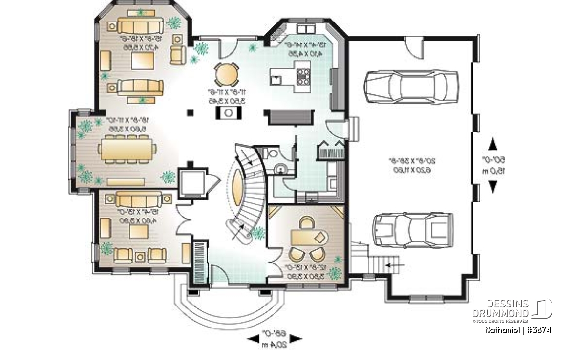 Rez-de-chaussée - Plan de maison de luxe avec ascenseur, garage triple, bureau, 2 salons, foyer, 4 chambres et espace boni  - Nathaniel
