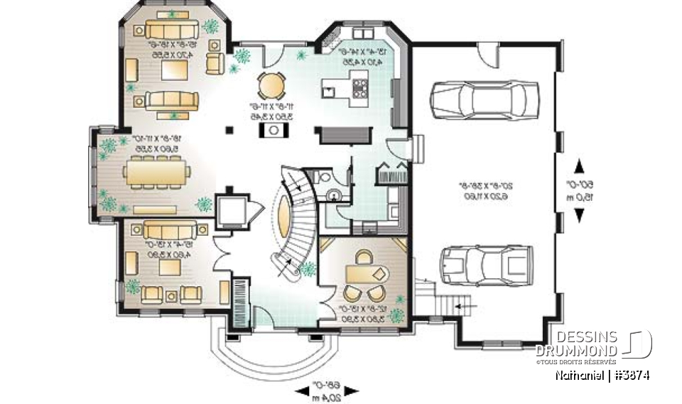 Rez-de-chaussée - Plan de maison de luxe avec ascenseur, garage triple, bureau, 2 salons, foyer, 4 chambres et espace boni  - Nathaniel