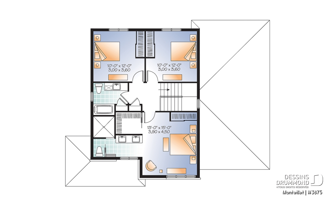 Étage - Plan de maison contemporaine à étage avec garage, 3 chambres, 2.5 salles de bain, foyer à la cuisine/s.manger - Monteillet