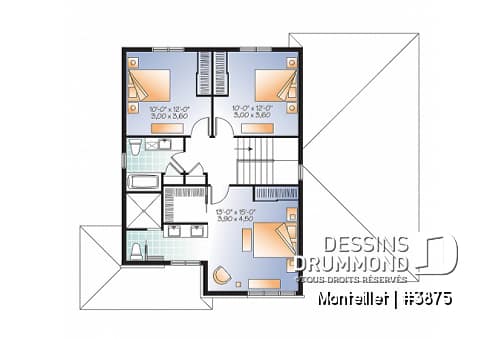 Étage - Plan de maison contemporaine à étage avec garage, 3 chambres, 2.5 salles de bain, foyer à la cuisine/s.manger - Monteillet