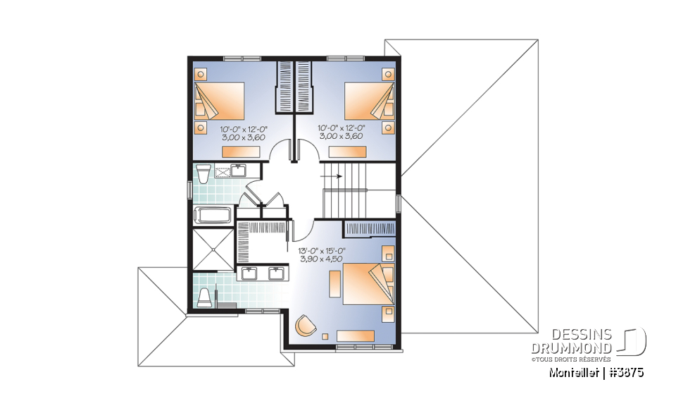 Étage - Plan de maison contemporaine à étage avec garage, 3 chambres, 2.5 salles de bain, foyer à la cuisine/s.manger - Monteillet