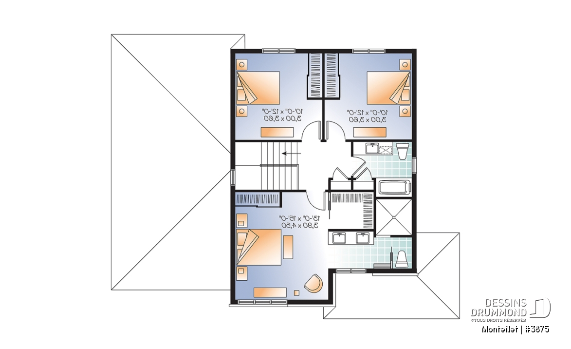 Étage - Plan de maison contemporaine à étage avec garage, 3 chambres, 2.5 salles de bain, foyer à la cuisine/s.manger - Monteillet