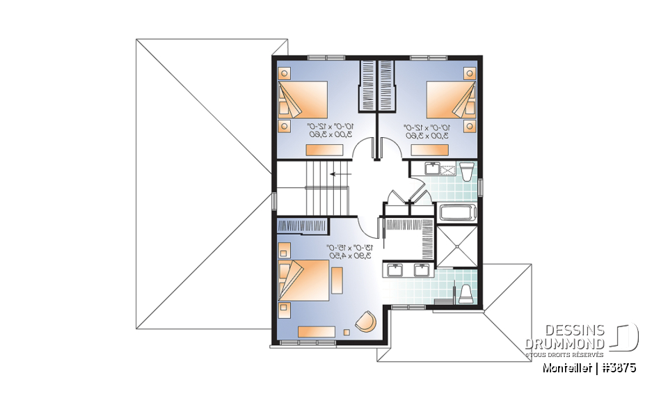 Étage - Plan de maison contemporaine à étage avec garage, 3 chambres, 2.5 salles de bain, foyer à la cuisine/s.manger - Monteillet