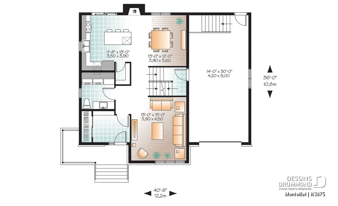 Rez-de-chaussée - Plan de maison contemporaine à étage avec garage, 3 chambres, 2.5 salles de bain, foyer à la cuisine/s.manger - Monteillet