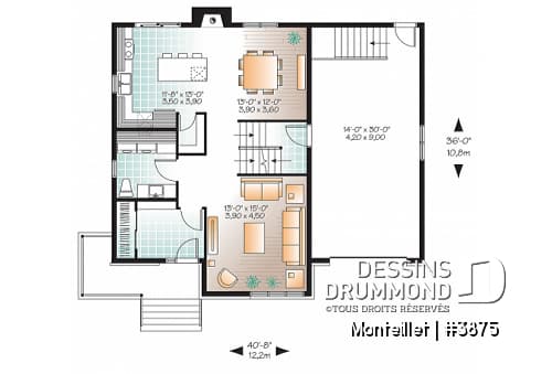 Rez-de-chaussée - Plan de maison contemporaine à étage avec garage, 3 chambres, 2.5 salles de bain, foyer à la cuisine/s.manger - Monteillet