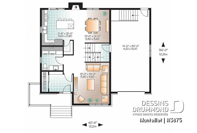 Rez-de-chaussée - Plan de maison contemporaine à étage avec garage, 3 chambres, 2.5 salles de bain, foyer à la cuisine/s.manger - Monteillet