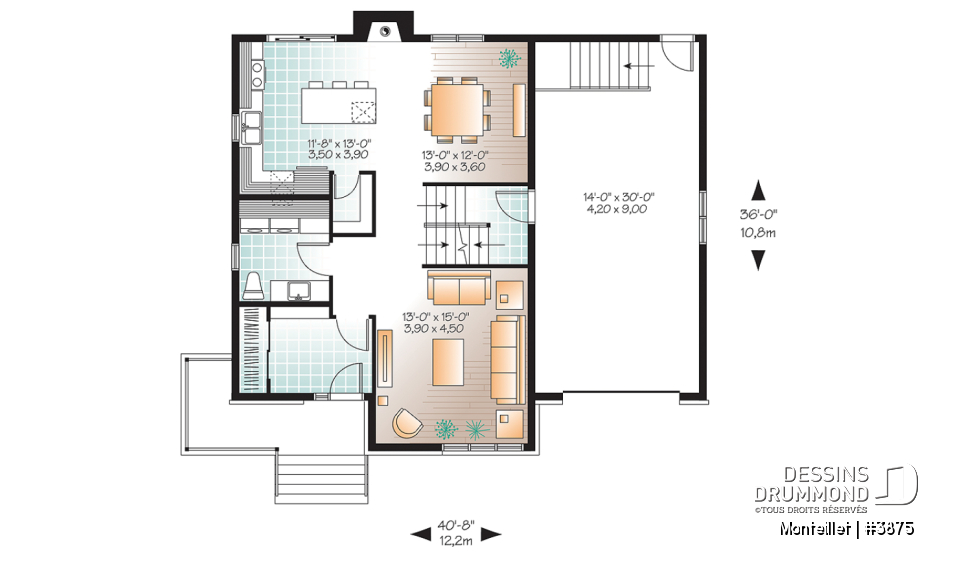 Rez-de-chaussée - Plan de maison contemporaine à étage avec garage, 3 chambres, 2.5 salles de bain, foyer à la cuisine/s.manger - Monteillet