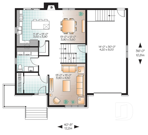 Rez-de-chaussée - Plan de maison contemporaine à étage avec garage, 3 chambres, 2.5 salles de bain, foyer à la cuisine/s.manger - Monteillet