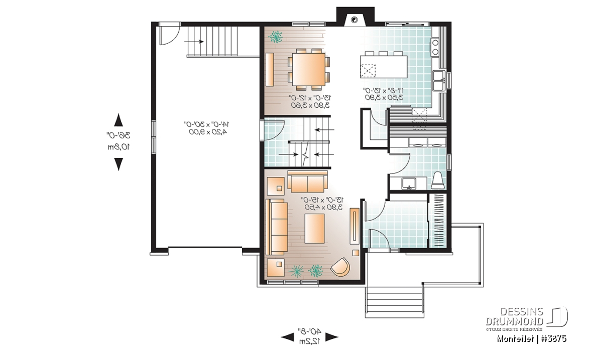 Rez-de-chaussée - Plan de maison contemporaine à étage avec garage, 3 chambres, 2.5 salles de bain, foyer à la cuisine/s.manger - Monteillet