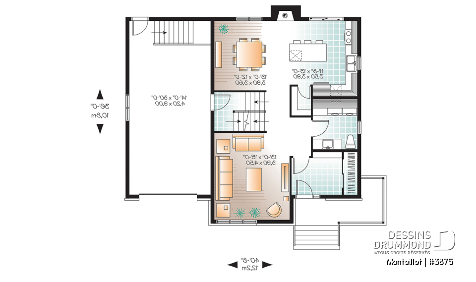 Rez-de-chaussée - Plan de maison contemporaine à étage avec garage, 3 chambres, 2.5 salles de bain, foyer à la cuisine/s.manger - Monteillet