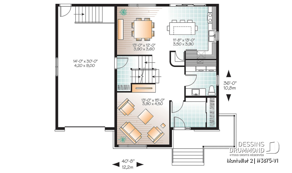 Rez-de-chaussée - Plan de grande maison contemporaine, 4 à 5 chambres, garage avec accès sous-sol, chute à linge, buanderie - Monteillet 2