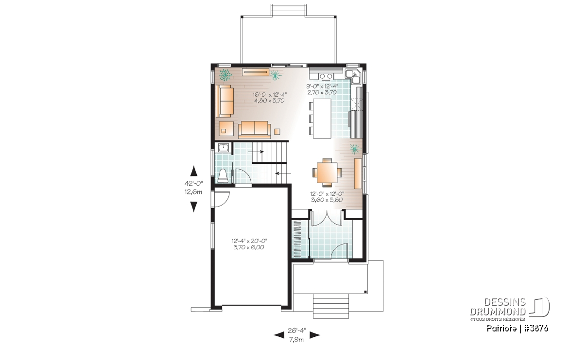 Rez-de-chaussée - Plan de maison contemporaine, garage, 3 chambres, grande cuisine, superbe chambre parents, terrasse abritée - Patriote