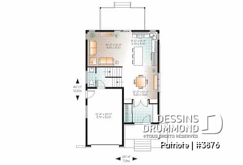 Rez-de-chaussée - Plan de maison contemporaine, garage, 3 chambres, grande cuisine, superbe chambre parents, terrasse abritée - Patriote