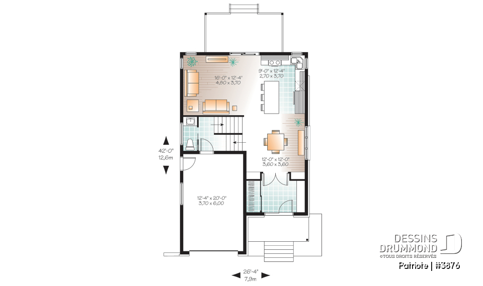 Rez-de-chaussée - Plan de maison contemporaine, garage, 3 chambres, grande cuisine, superbe chambre parents, terrasse abritée - Patriote