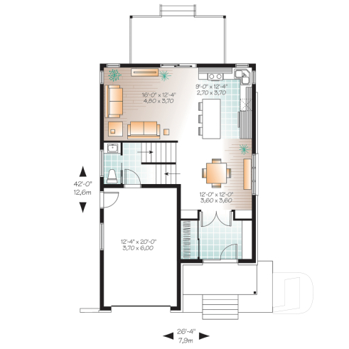 Rez-de-chaussée - Plan de maison contemporaine, garage, 3 chambres, grande cuisine, superbe chambre parents, terrasse abritée - Patriote