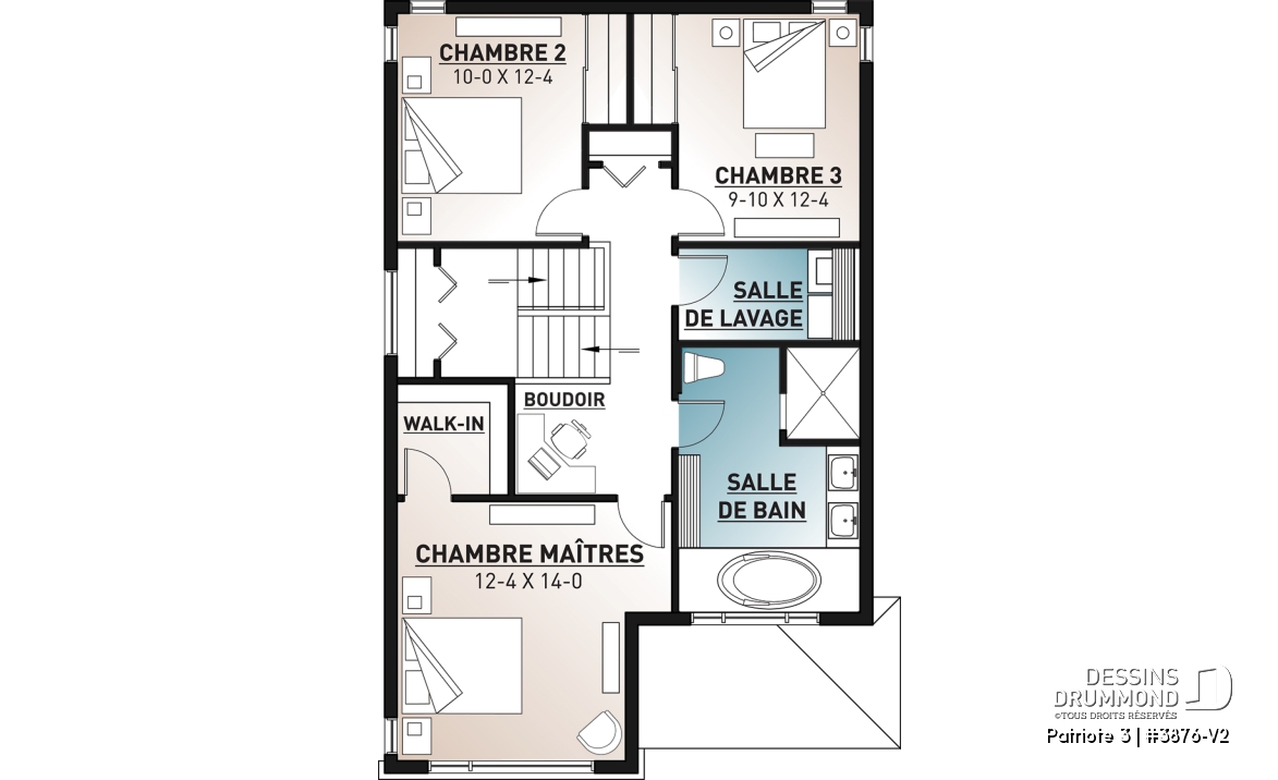 Étage - Plan de maison moderne pour terrain étroit avec garage, aire ouverte, 3 chambres, buanderie à l'étage - Patriote 3