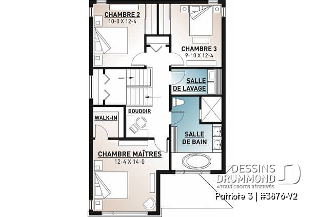 Étage - Plan de maison moderne pour terrain étroit avec garage, aire ouverte, 3 chambres, buanderie à l'étage - Patriote 3