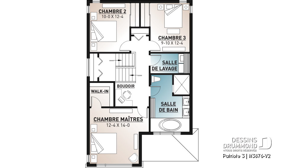 Étage - Plan de maison moderne pour terrain étroit avec garage, aire ouverte, 3 chambres, buanderie à l'étage - Patriote 3