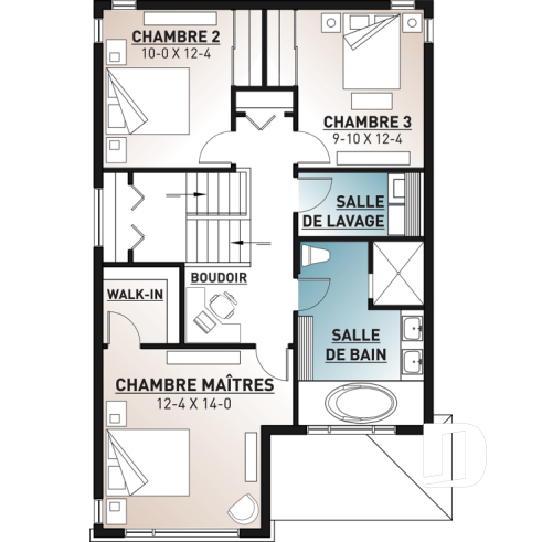 Étage - Plan de maison moderne pour terrain étroit avec garage, aire ouverte, 3 chambres, buanderie à l'étage - Patriote 3