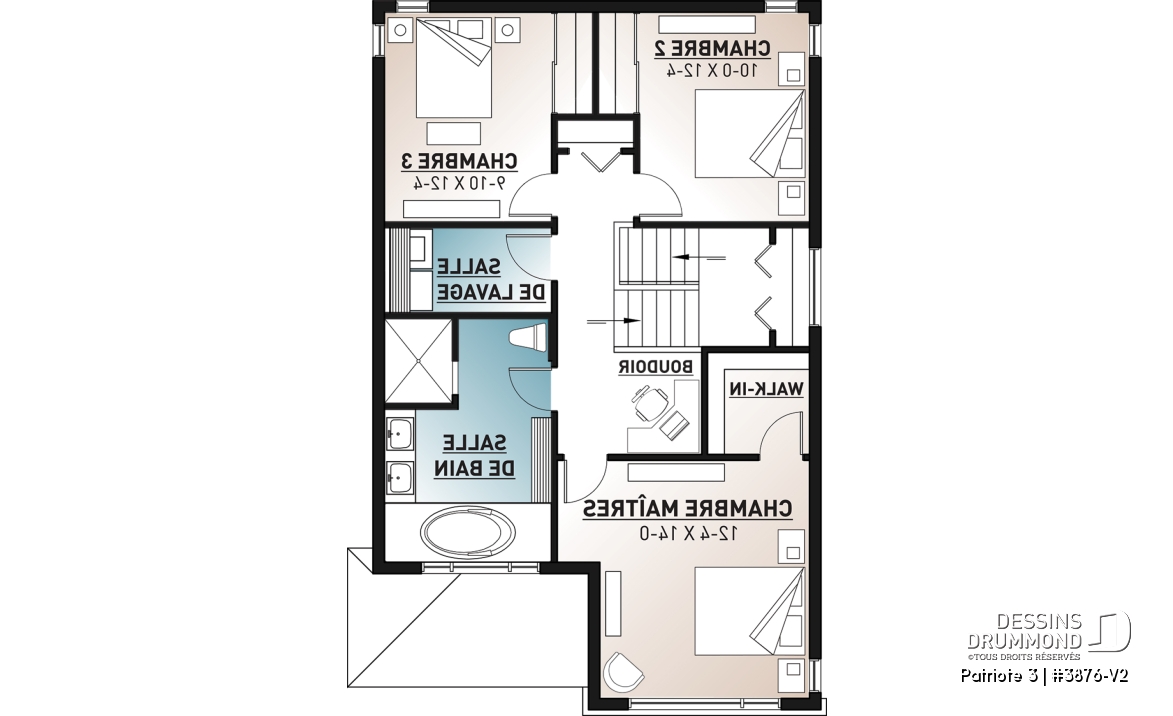 Étage - Plan de maison moderne pour terrain étroit avec garage, aire ouverte, 3 chambres, buanderie à l'étage - Patriote 3