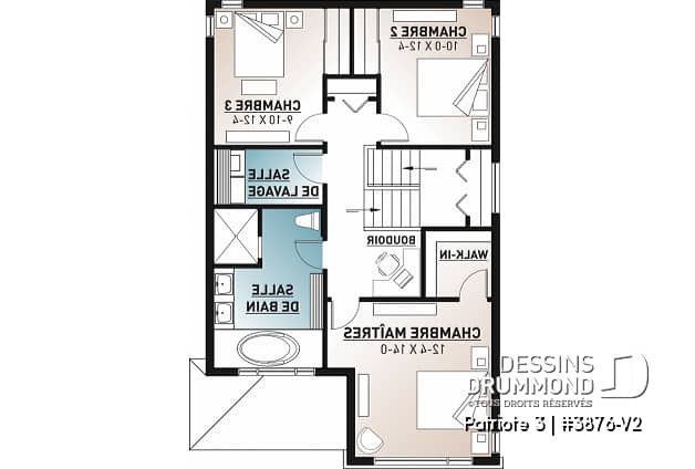 Étage - Plan de maison moderne pour terrain étroit avec garage, aire ouverte, 3 chambres, buanderie à l'étage - Patriote 3