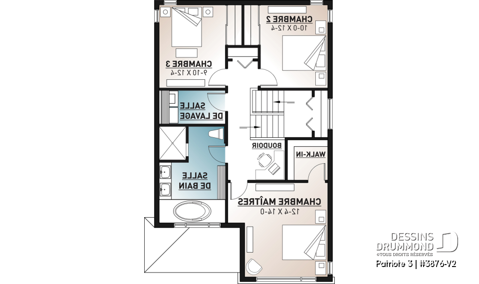 Étage - Plan de maison moderne pour terrain étroit avec garage, aire ouverte, 3 chambres, buanderie à l'étage - Patriote 3