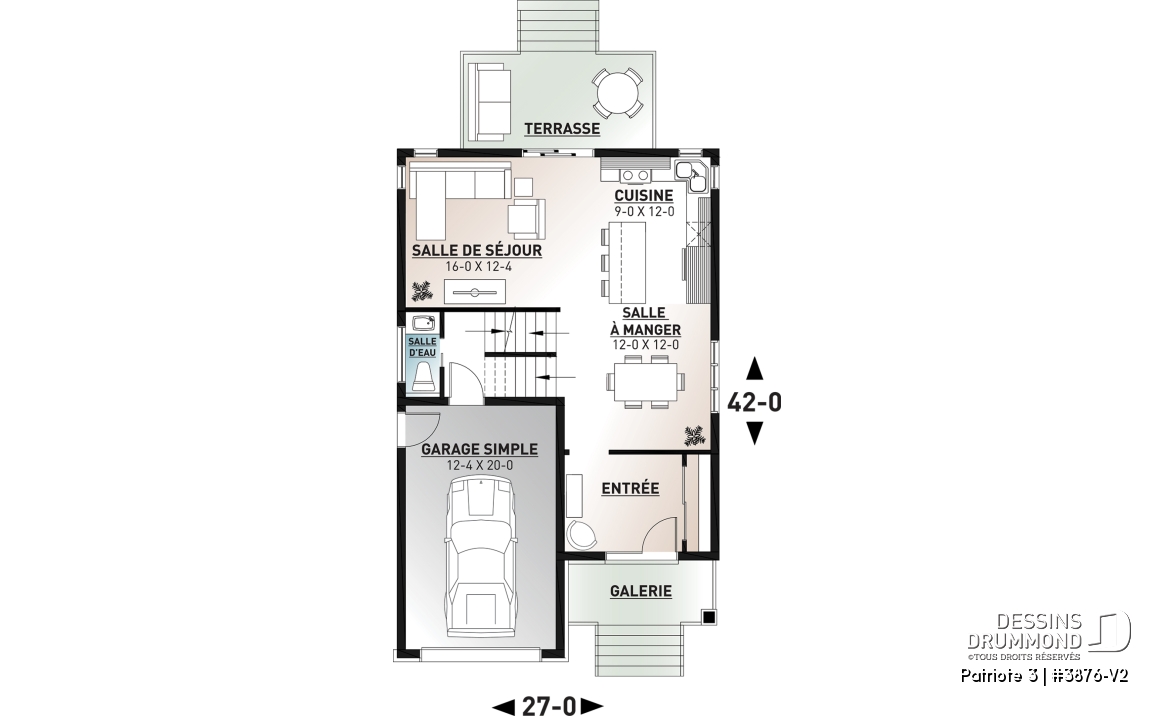 Rez-de-chaussée - Plan de maison moderne pour terrain étroit avec garage, aire ouverte, 3 chambres, buanderie à l'étage - Patriote 3