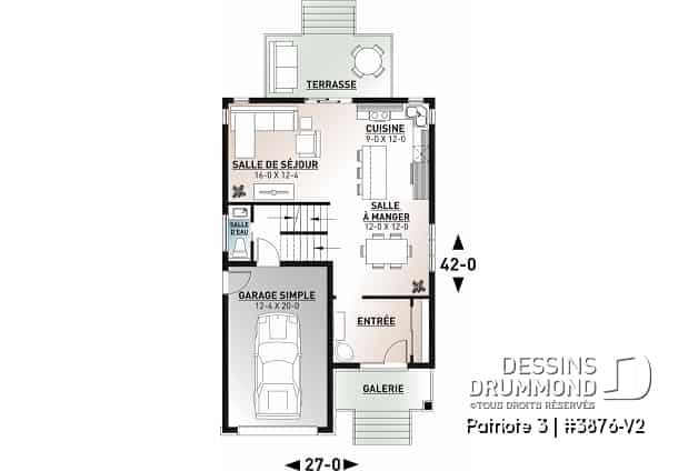 Rez-de-chaussée - Plan de maison moderne pour terrain étroit avec garage, aire ouverte, 3 chambres, buanderie à l'étage - Patriote 3