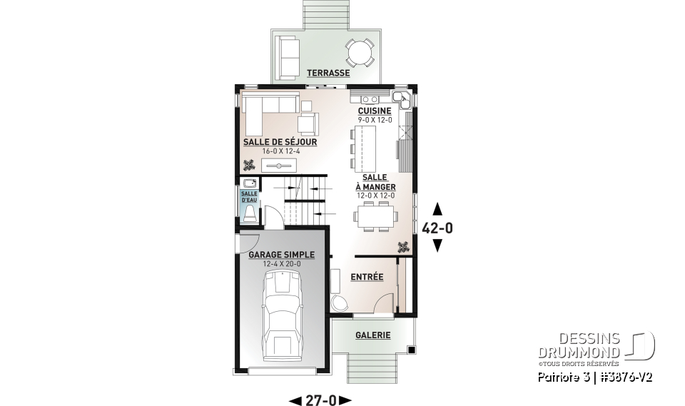 Rez-de-chaussée - Plan de maison moderne pour terrain étroit avec garage, aire ouverte, 3 chambres, buanderie à l'étage - Patriote 3