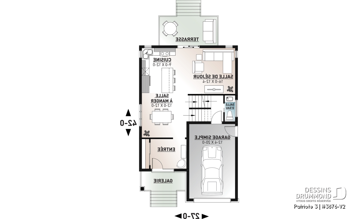Rez-de-chaussée - Plan de maison moderne pour terrain étroit avec garage, aire ouverte, 3 chambres, buanderie à l'étage - Patriote 3