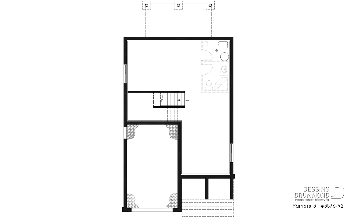 Sous-sol - Plan de maison moderne pour terrain étroit avec garage, aire ouverte, 3 chambres, buanderie à l'étage - Patriote 3