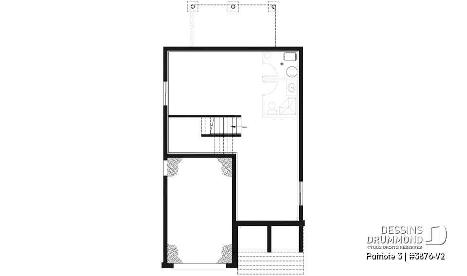 Sous-sol - Plan de maison moderne pour terrain étroit avec garage, aire ouverte, 3 chambres, buanderie à l'étage - Patriote 3