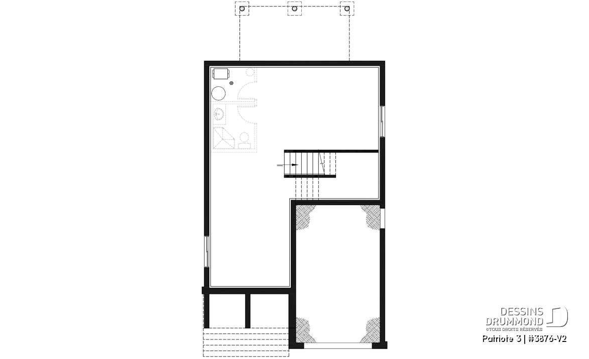 Sous-sol - Plan de maison moderne pour terrain étroit avec garage, aire ouverte, 3 chambres, buanderie à l'étage - Patriote 3