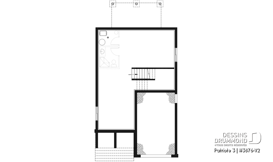 Sous-sol - Plan de maison moderne pour terrain étroit avec garage, aire ouverte, 3 chambres, buanderie à l'étage - Patriote 3