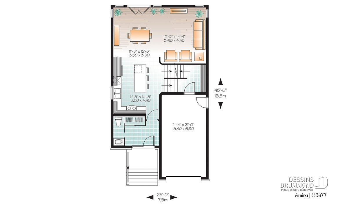 Rez-de-chaussée - Plan de maison contemporaine 3 chambres et garage, chambre parents avec salle de bain privé, buanderie étage - Amira