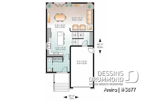 Rez-de-chaussée - Plan de maison contemporaine 3 chambres et garage, chambre parents avec salle de bain privé, buanderie étage - Amira