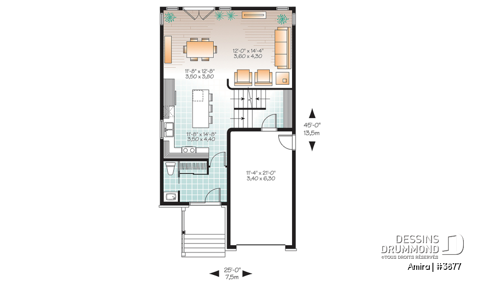 Rez-de-chaussée - Plan de maison contemporaine 3 chambres et garage, chambre parents avec salle de bain privé, buanderie étage - Amira