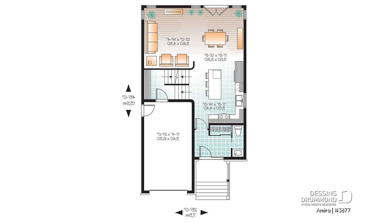 Rez-de-chaussée - Plan de maison contemporaine 3 chambres et garage, chambre parents avec salle de bain privé, buanderie étage - Amira
