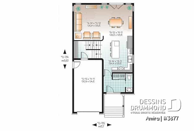 Rez-de-chaussée - Plan de maison contemporaine 3 chambres et garage, chambre parents avec salle de bain privé, buanderie étage - Amira