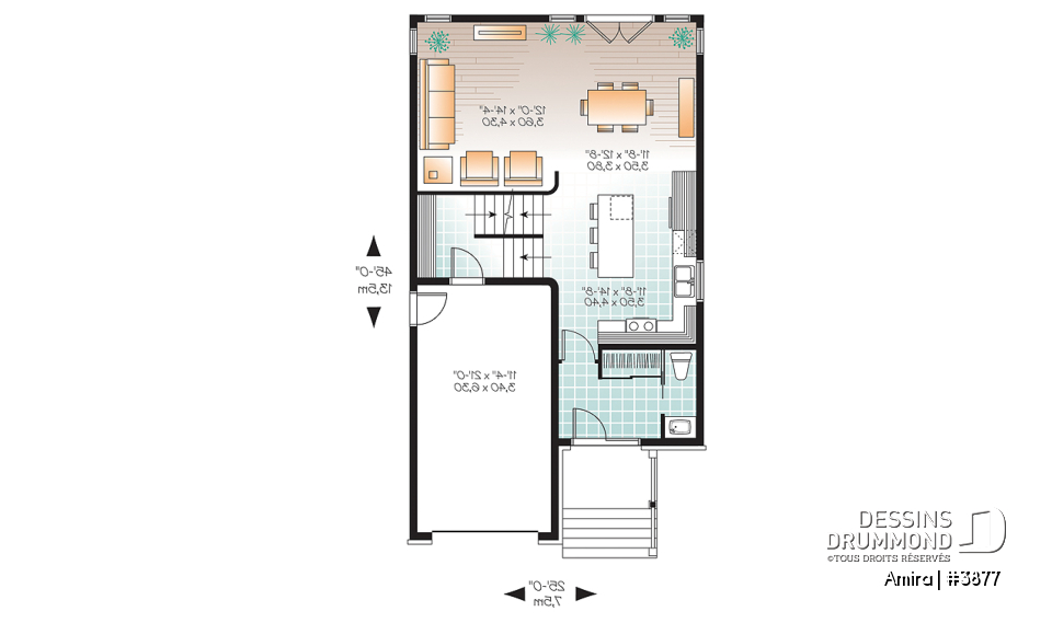 Rez-de-chaussée - Plan de maison contemporaine 3 chambres et garage, chambre parents avec salle de bain privé, buanderie étage - Amira